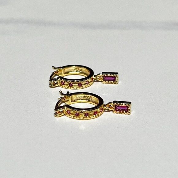 New! “Gisele” Dainty Ruby Red Drop Hoop Earrings - Picture 1 of 5